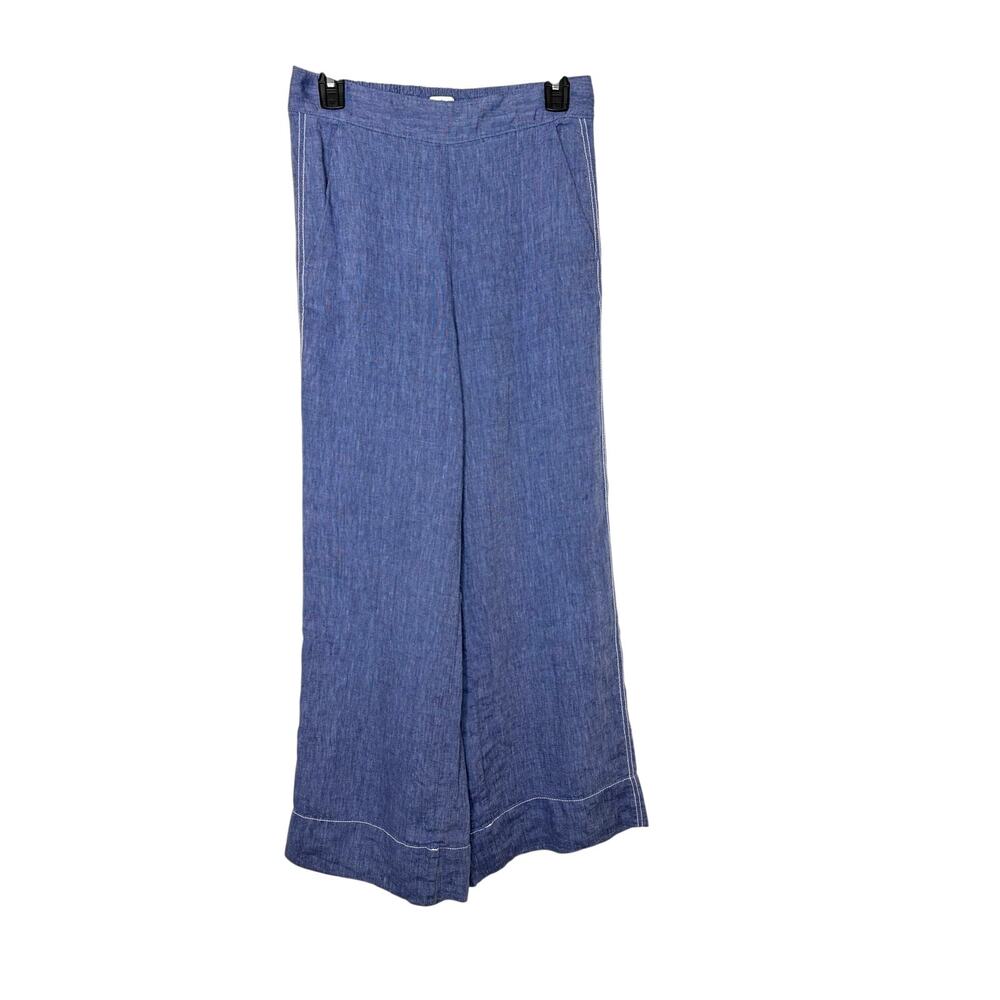 Nicole Miller 100% Linen Pull On Wide Leg Pants Sz S Blue Neutral Coastal Chic